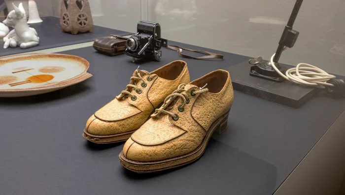 Paar Damenschuhe  Marke Salamander, Kornwestheim, 1940er Jahre  Leder, Kork  GRASSI Museum für Angewandte Kunst  Foto: Felix Bielmeier     Ein typischer Damenschuh der Salamander AG, der sowohl in der NS-Zeit als auch in der unmittelbaren Nachkriegszeit produziert wurde.  Während der NS-Zeit ließ die Firma neu entwickelte Ersatzstoffe für Schuhsolen im KZ-Sachsenhausen von Häftlingen testen. Darüber hinaus war der Betrieb mit der Instandsetzung gebrauchter Schuhe beauftragt, die zu großen Teilen aus den Konzentrations- und Vernichtungslagern angeliefert wurden. 
